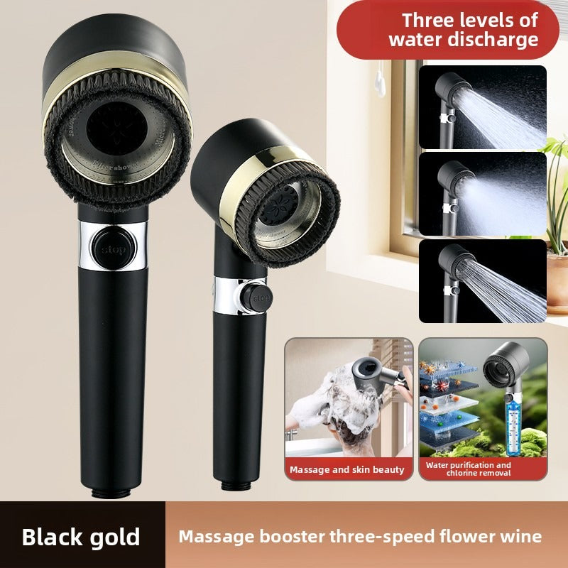 [Black & Gold Massage Showerhead] 3-Mode High-Pressure Showerhead — Powerful Water Flow & Impurity Filtration